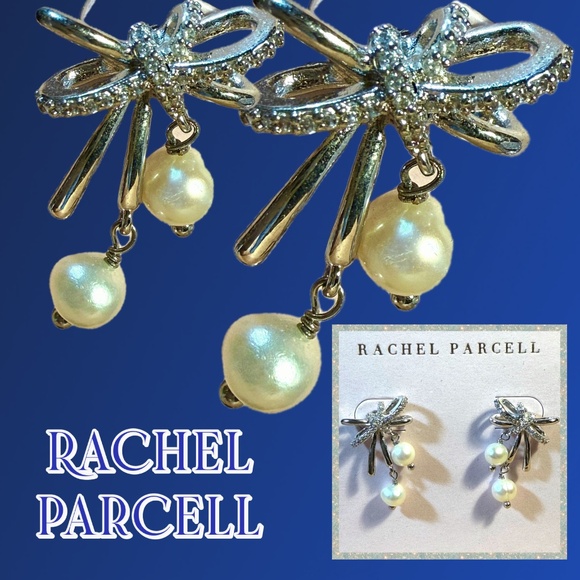 Rachel Parcell Designer Earrings ⭐️ NEW Pearl Crystal BOW PIERCED POST-ELEGANT - Picture 1 of 9